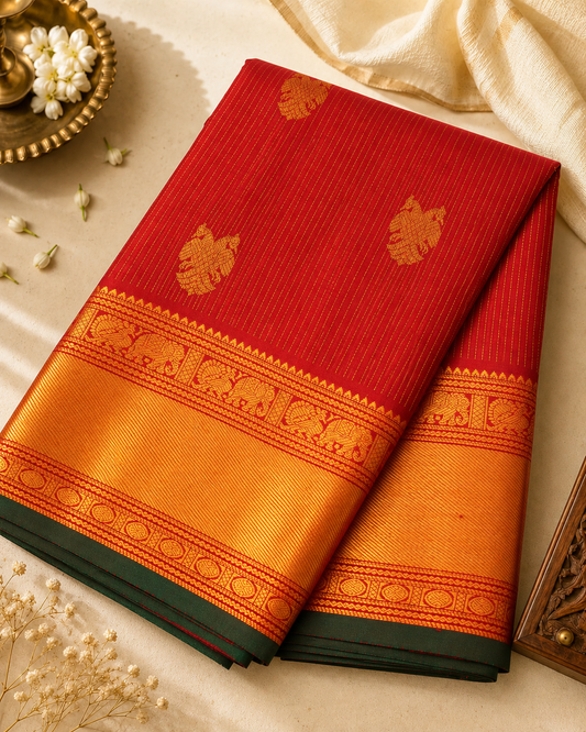 Rich deep crimson red Kanjivaram silk adorned with Gandaberunda motifs, peacocks, elephants and Rudraksha zari detailing.