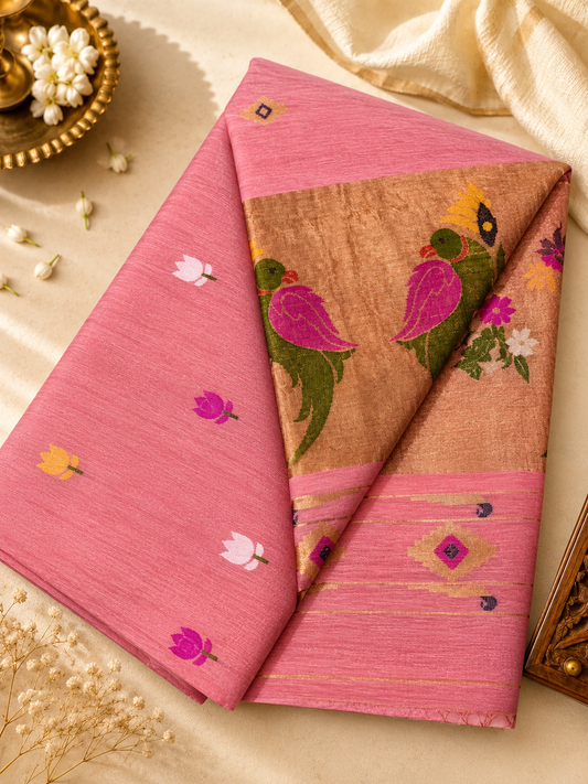 Elegant pastel pink Tissue Linen Jamdani saree with Paithani-style handwoven parrot motifs and delicate golden zari detailing.