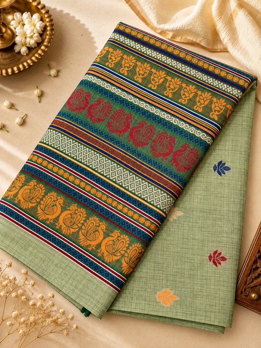 Mint Green Cotton Saree – Traditional Woven Saree