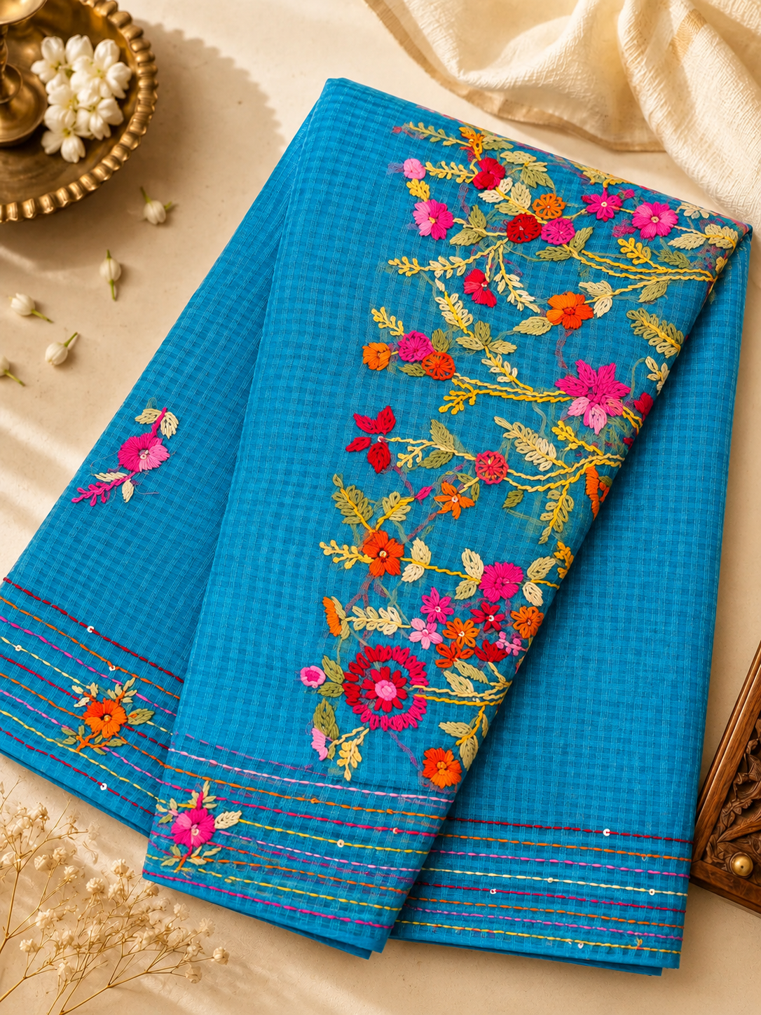 Turquoise Blue Cotton Kota – Hand Bullion Parsi & Kantha Work