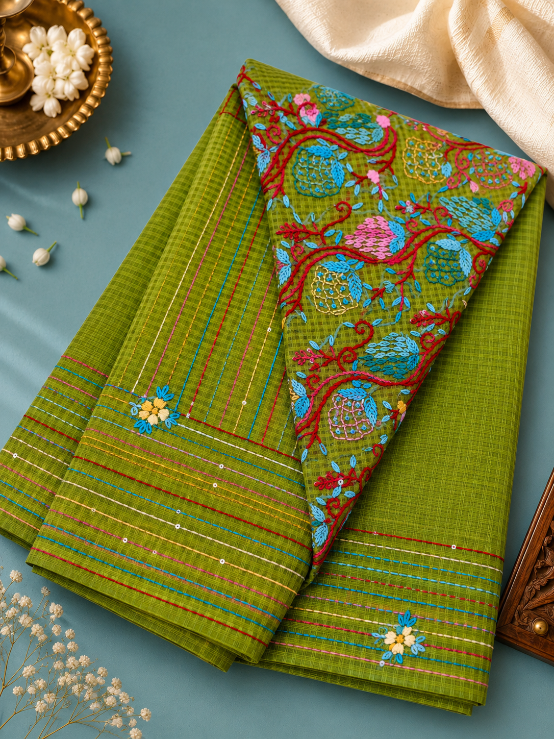 Mehendi Green Kota Cotton Saree with Hand Bullion Parsi & Kantha Embroidery