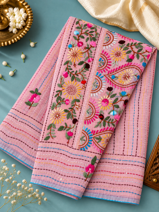 Blush Pink Chanderi – Hand Bullion Parsi & Kantha Work