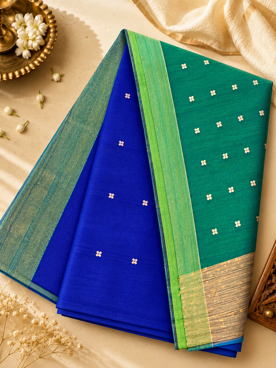 Handwoven Royal Blue saree with a Teal Green Muslin-Cotton Matka pallu, featuring smooth embedded coin motifs and a matching contrast blouse.