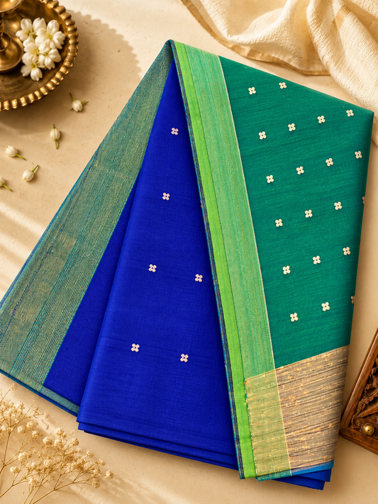 Handwoven Royal Blue saree with a Teal Green Muslin-Cotton Matka pallu, featuring smooth embedded coin motifs and a matching contrast blouse.