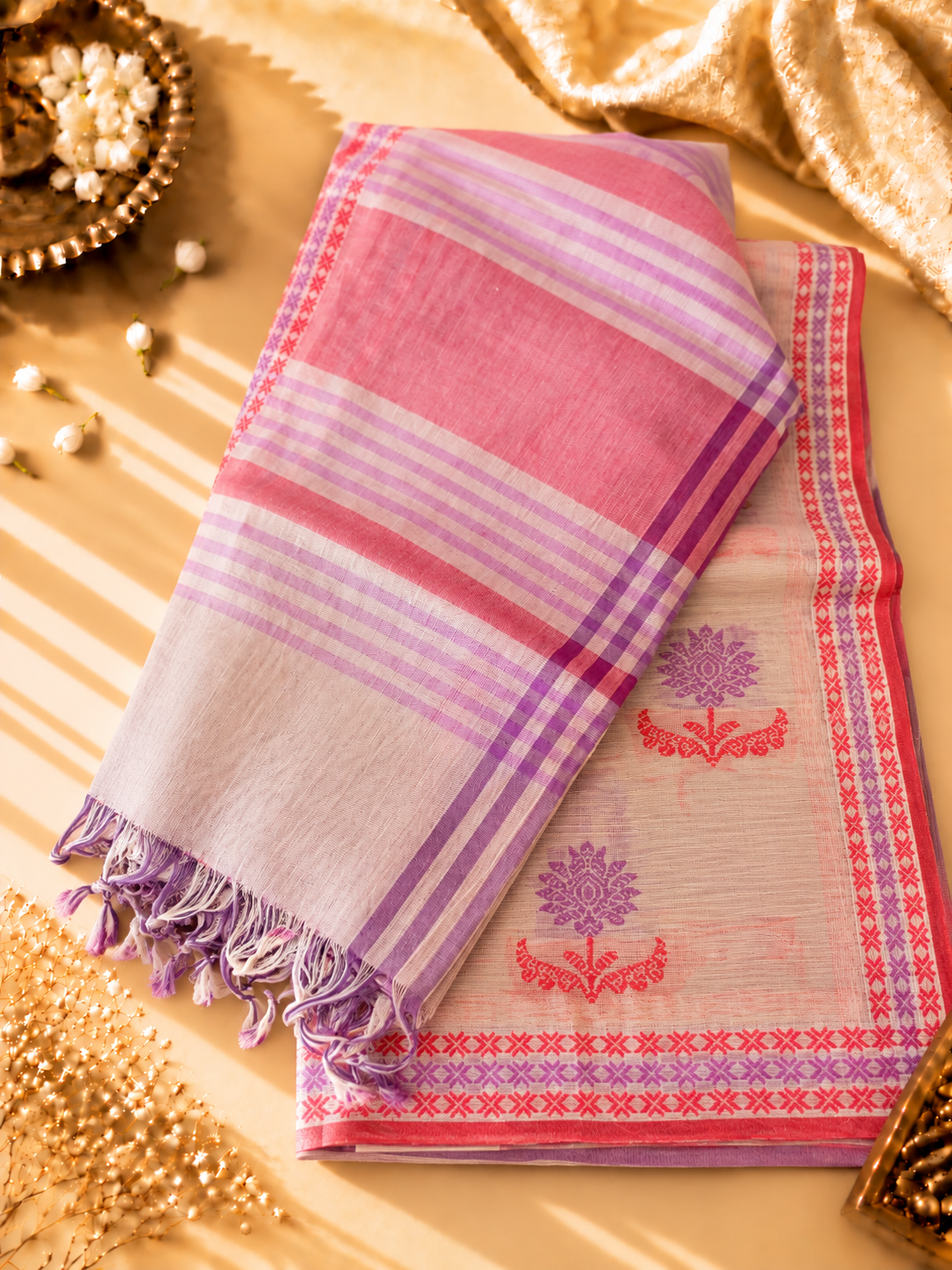 Lavender Pure Cotton Saree with woven Floral Motifs & Contrast Border