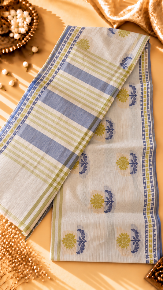 Pure Cotton Saree with Woven Floral Motifs & Contrast Border