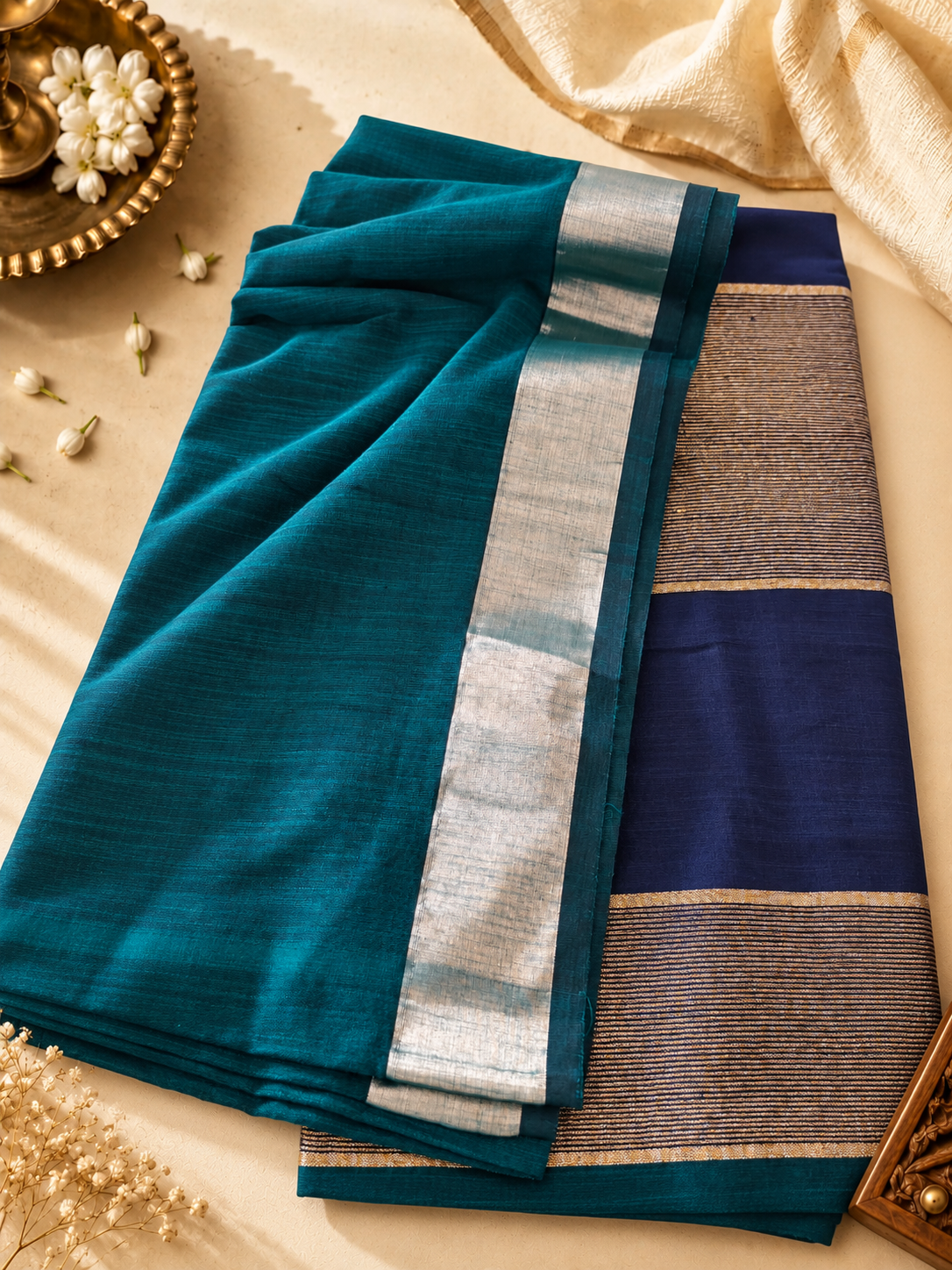 Peacock Teal & Navy Blue Pure Soft Cotton Saree