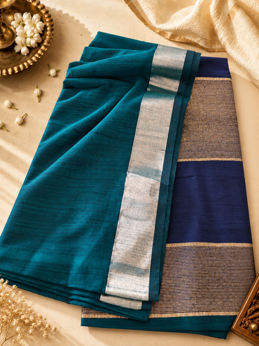 Peacock Teal & Navy Blue Pure Soft Cotton Saree