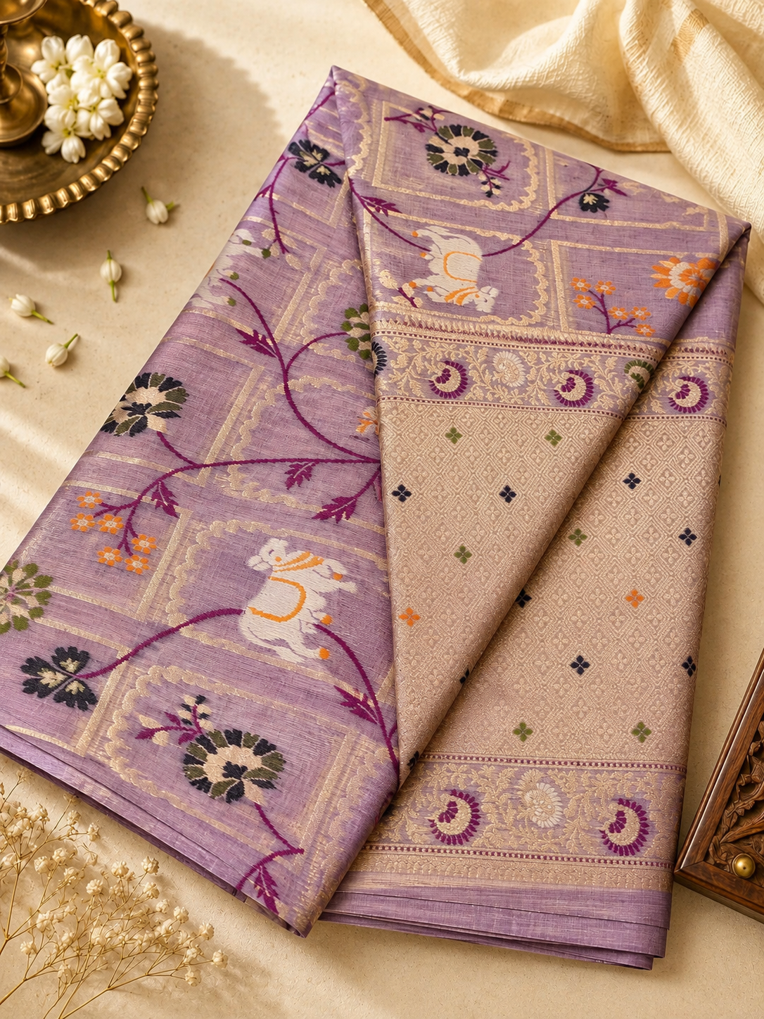 Lavender Linen Jamdani Saree with Floral Motifs & Zari Border