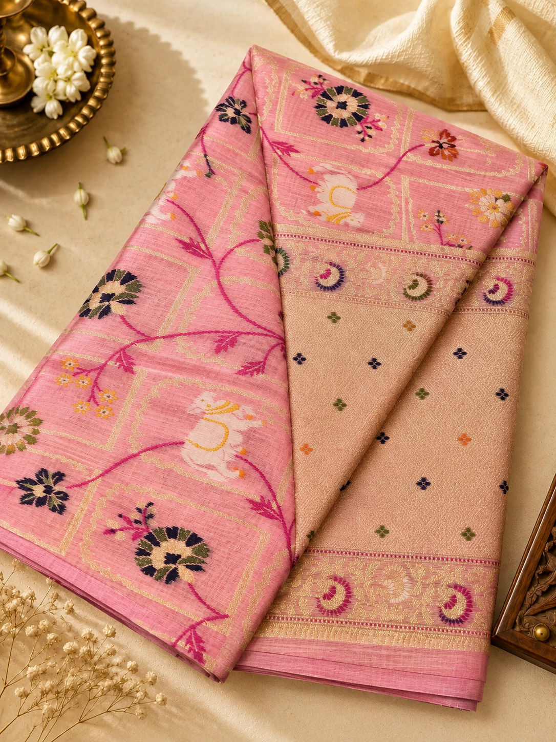 Pastel Pink Linen Jamdani Saree with Floral Motifs & Zari Border