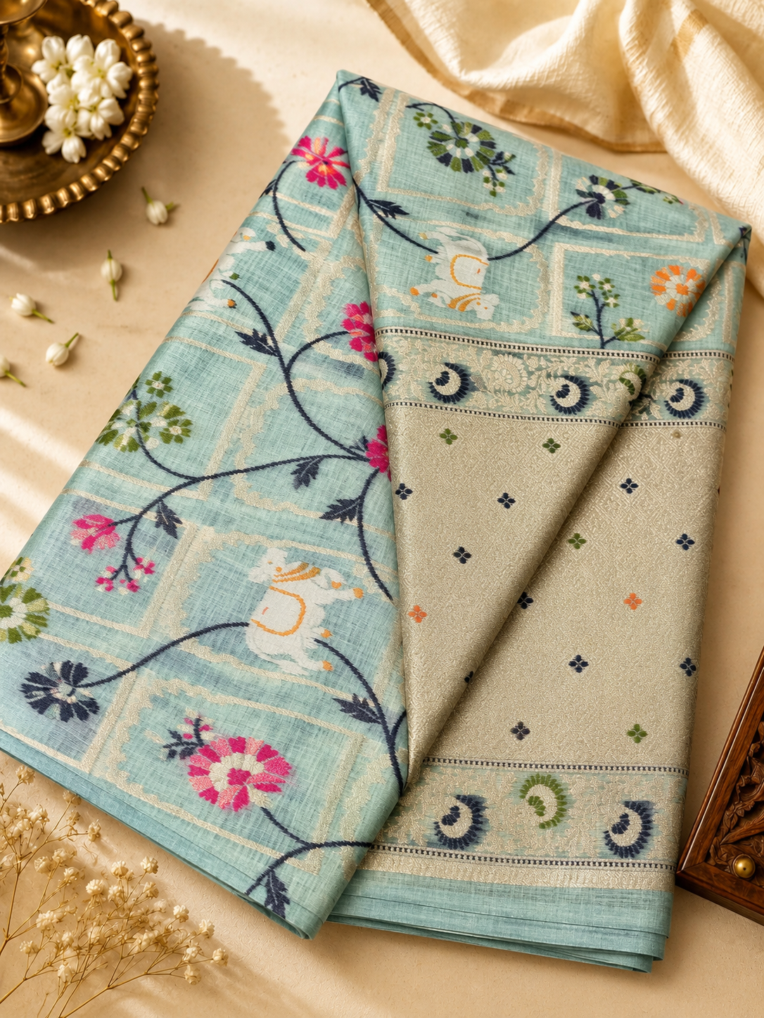Pastel Blue Linen Jamdani Saree with Floral Motifs & Zari Border