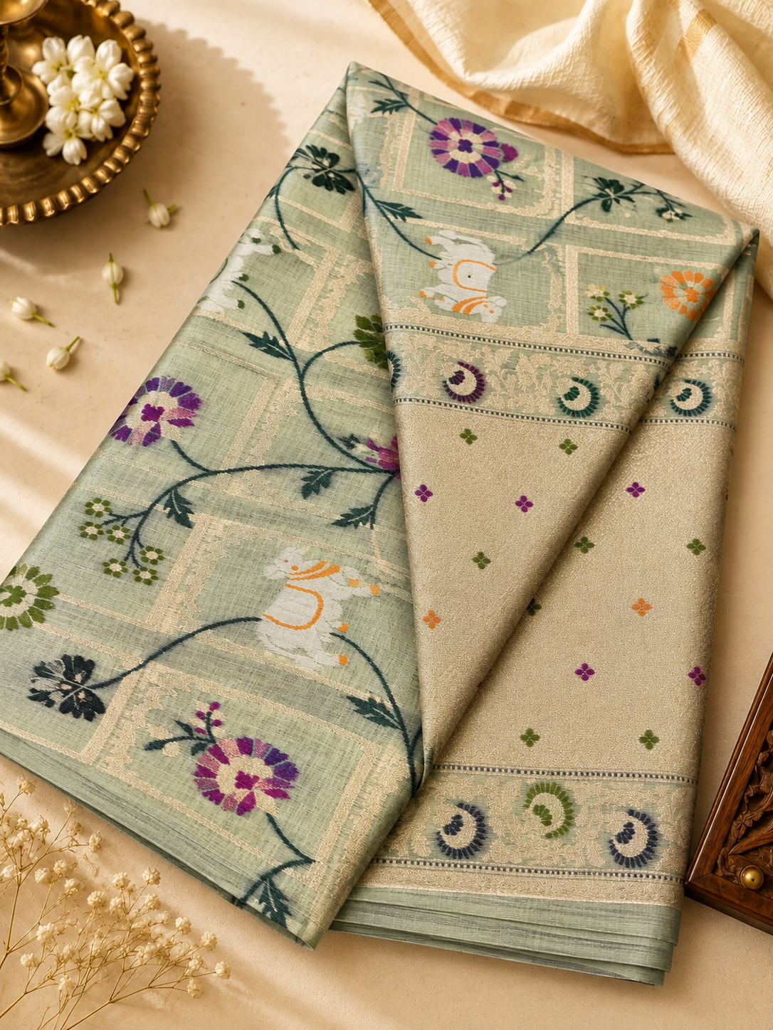 Pastel Green Linen Jamdani Saree with Floral Motifs & Zari Border