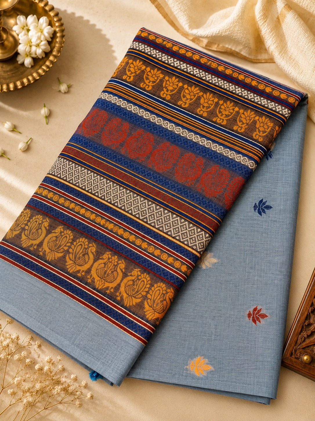 Slate Blue Cotton Saree – Traditional Woven Border