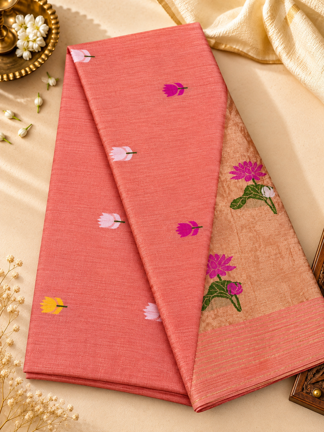 Handwoven Pure Tissue Linen Jamdani in warm burnt orange, adorned with vibrant floral motifs and delicate tissue zari detailing.