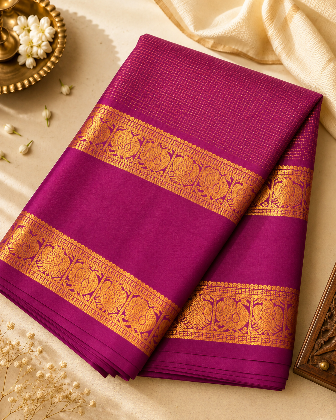 Regal royal purple Kanjivaram silk with gold zari checks, Gandaberunda, peacock motifs and intricate traditional line detailing.