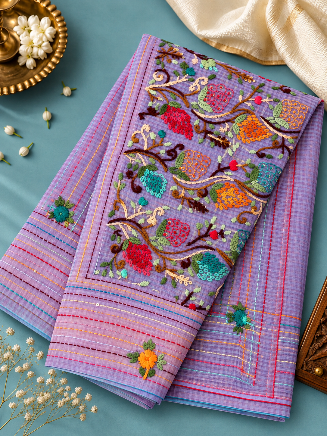 Lavender Blue Cotton Kota – Hand Bullion Parsi & Kantha Work