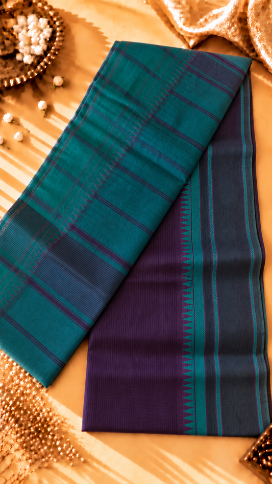 Pure Cotton  Deep Purple and Teal blue border Saree with Fine Checks & Contrast blouse