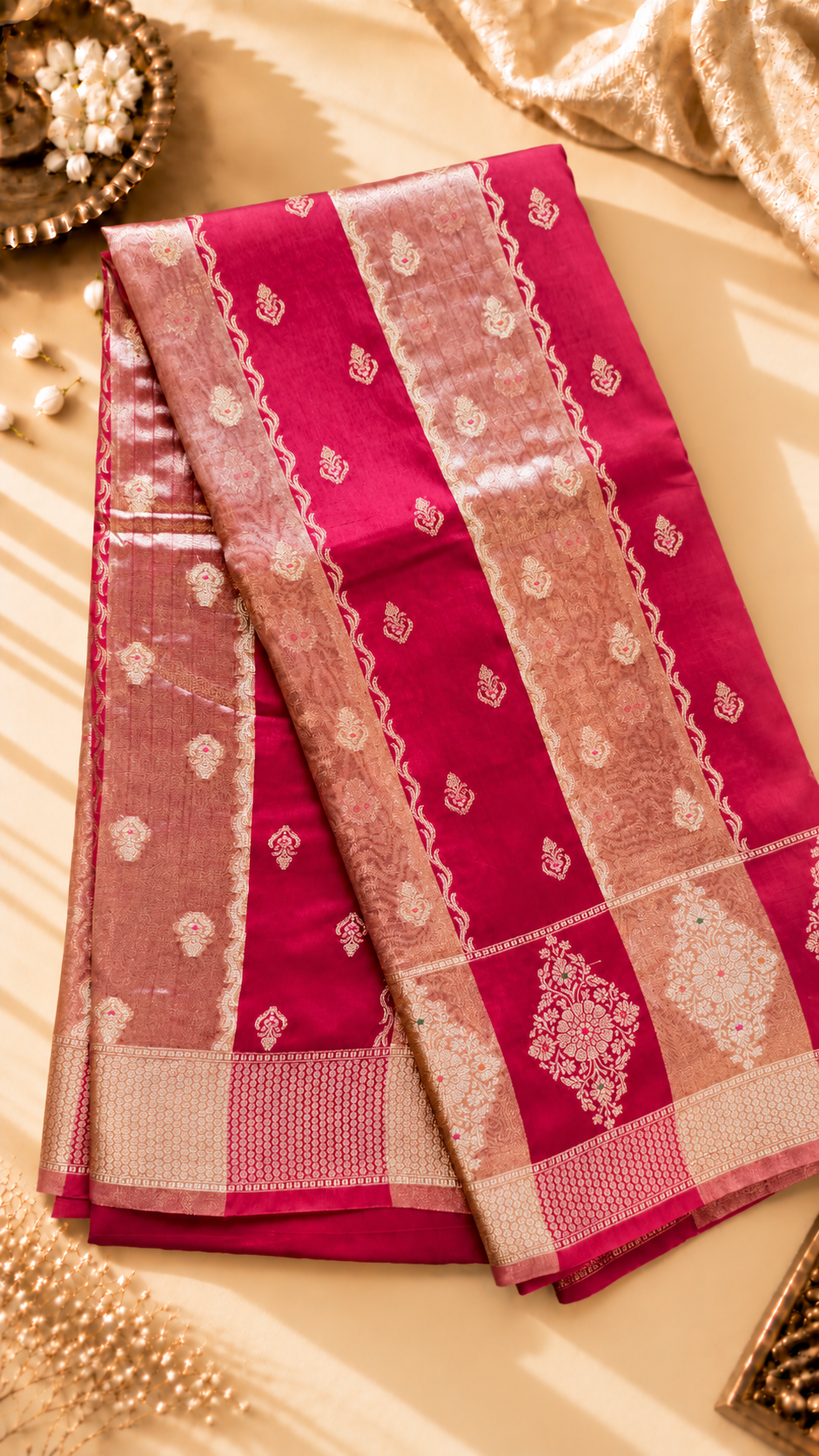 A luxurious Fuchsia Pink Banarasi viscose silk saree featuring intricate all-over Minakari weaving with delicate contrasting accents.