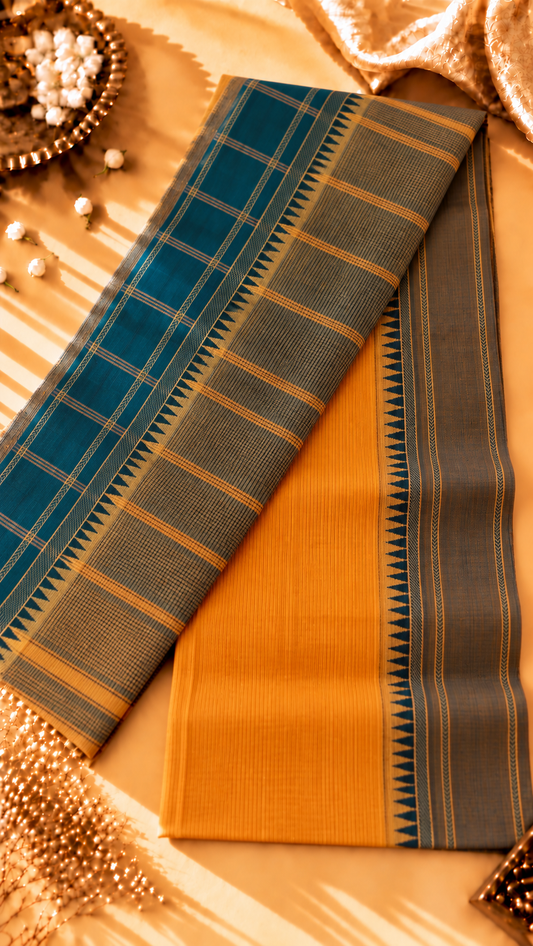 Pure Cotton Yellow Saree with Teal Blue & Charcoal Woven Stripes
