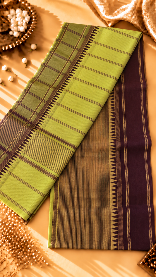 Pure Cotton Lime Green Saree with Fine Stripes & Contrast Maroon Blouse