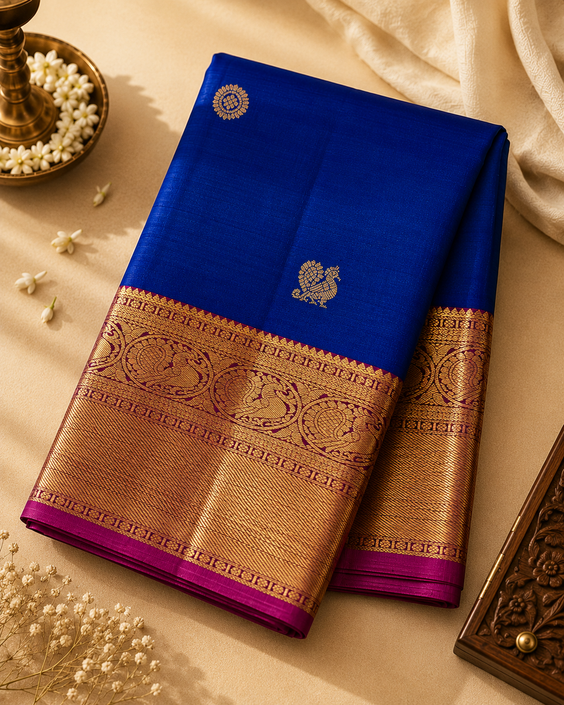 Royal Blue Kanjivaram Silk Saree with Antique Gold Zari Border