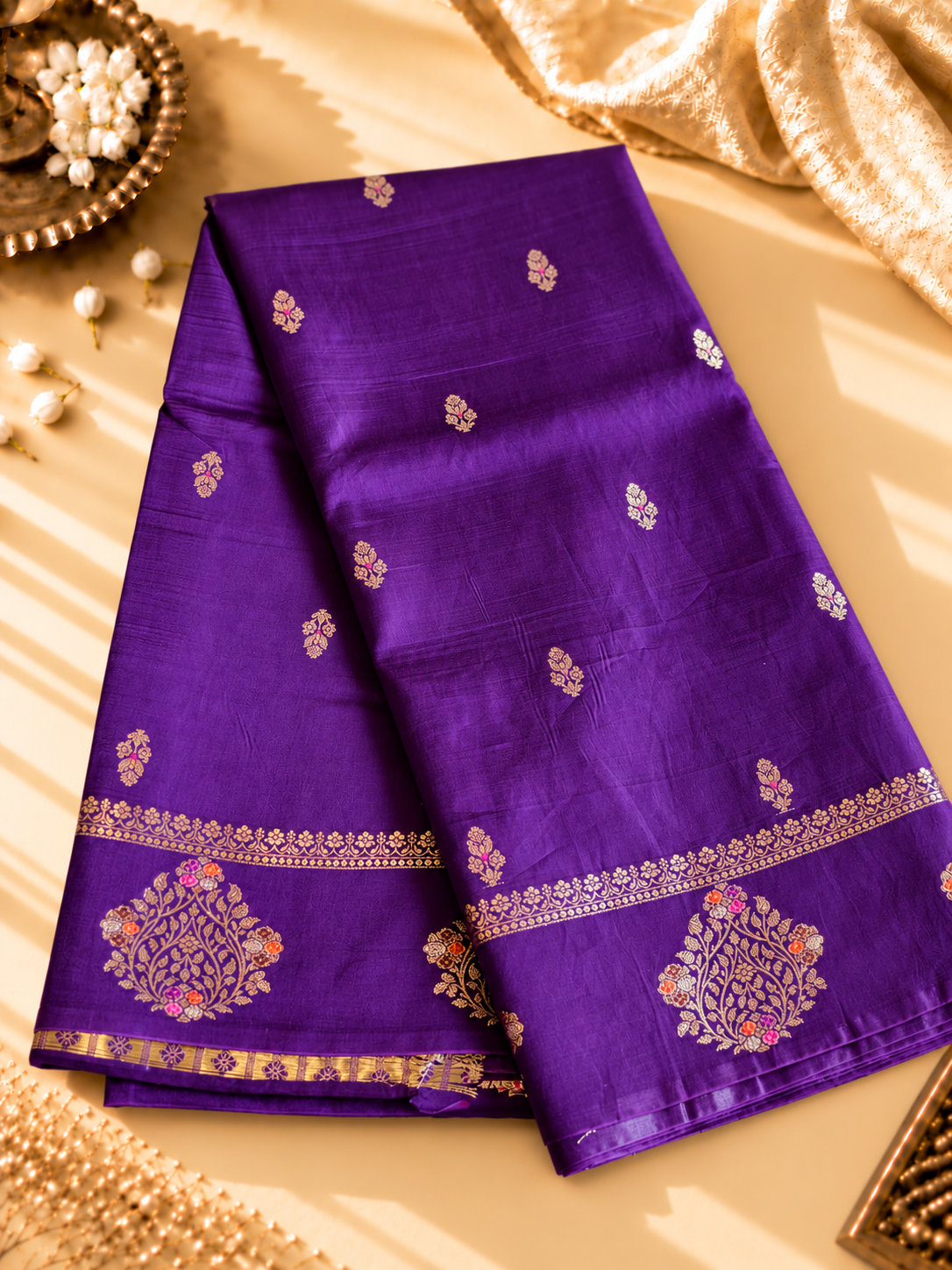 A regal Purple Banarasi viscose silk saree featuring intricate Minakari weaving, delicate traditional butis and an ornate floral pallu.