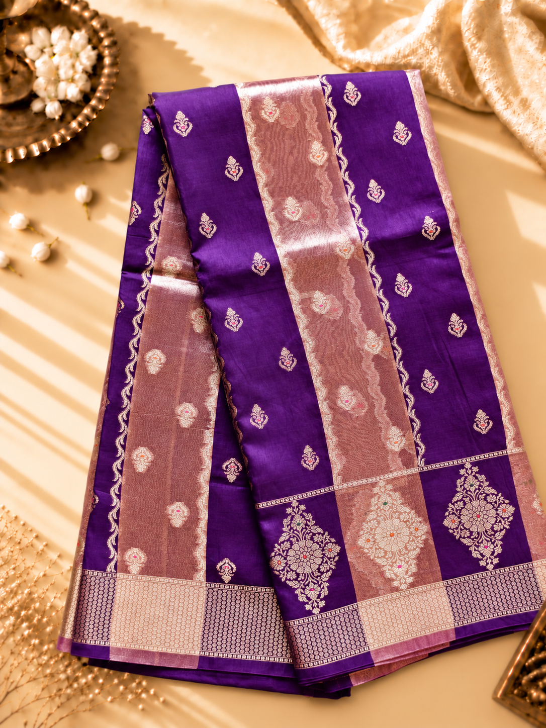 A luxurious Deep Purple Banarasi viscose silk saree featuring intricate all-over Minakari weaving with delicate contrasting accents.
