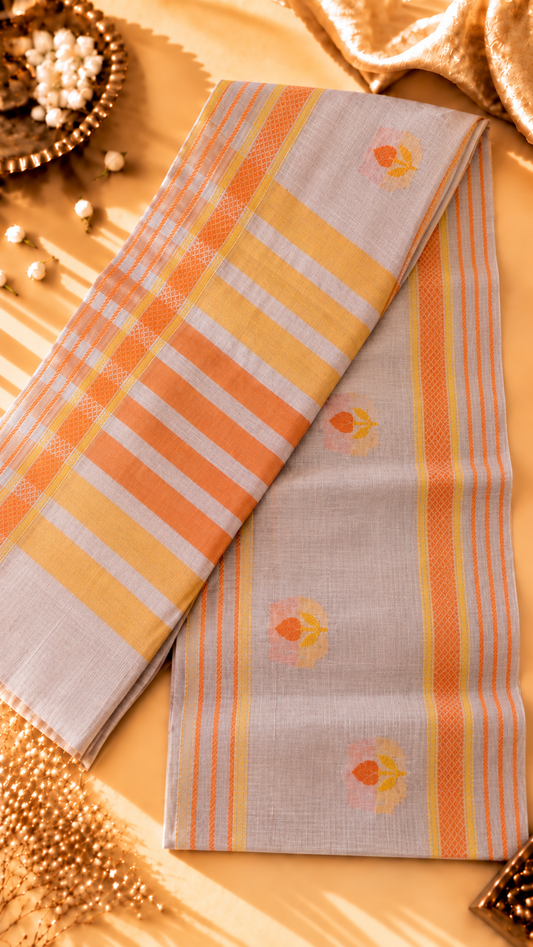 Pure Cotton Beige Saree with Orange Floral Motifs & Contrast Border