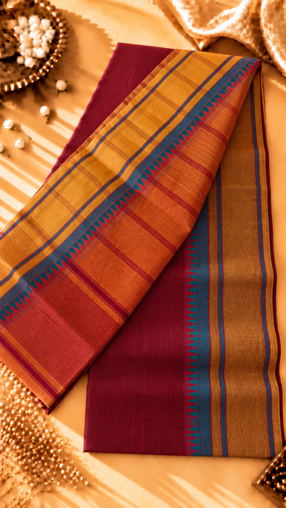 Pure Cotton Rust Orange Saree with Maroon Body & Teal Contrast Border
