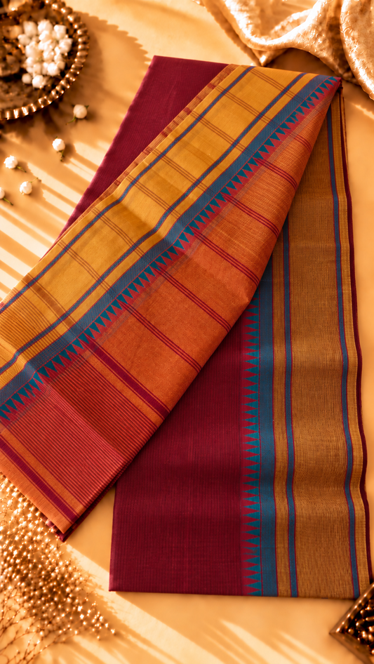 Pure Cotton Rust Orange Saree with Maroon Body & Teal Contrast Border