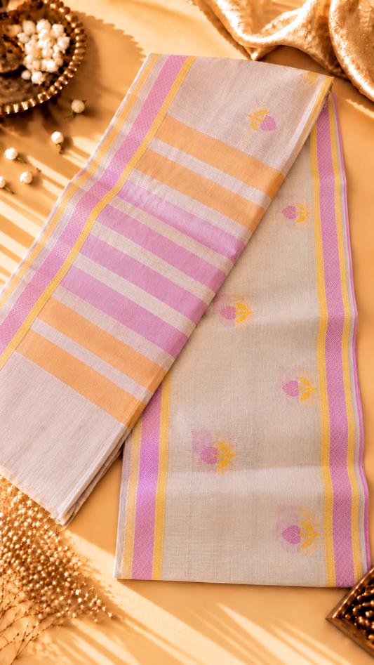 Pastel Blush Pink Pure Cotton Saree with Pink & Golden Floral Motifs and Contrast Border