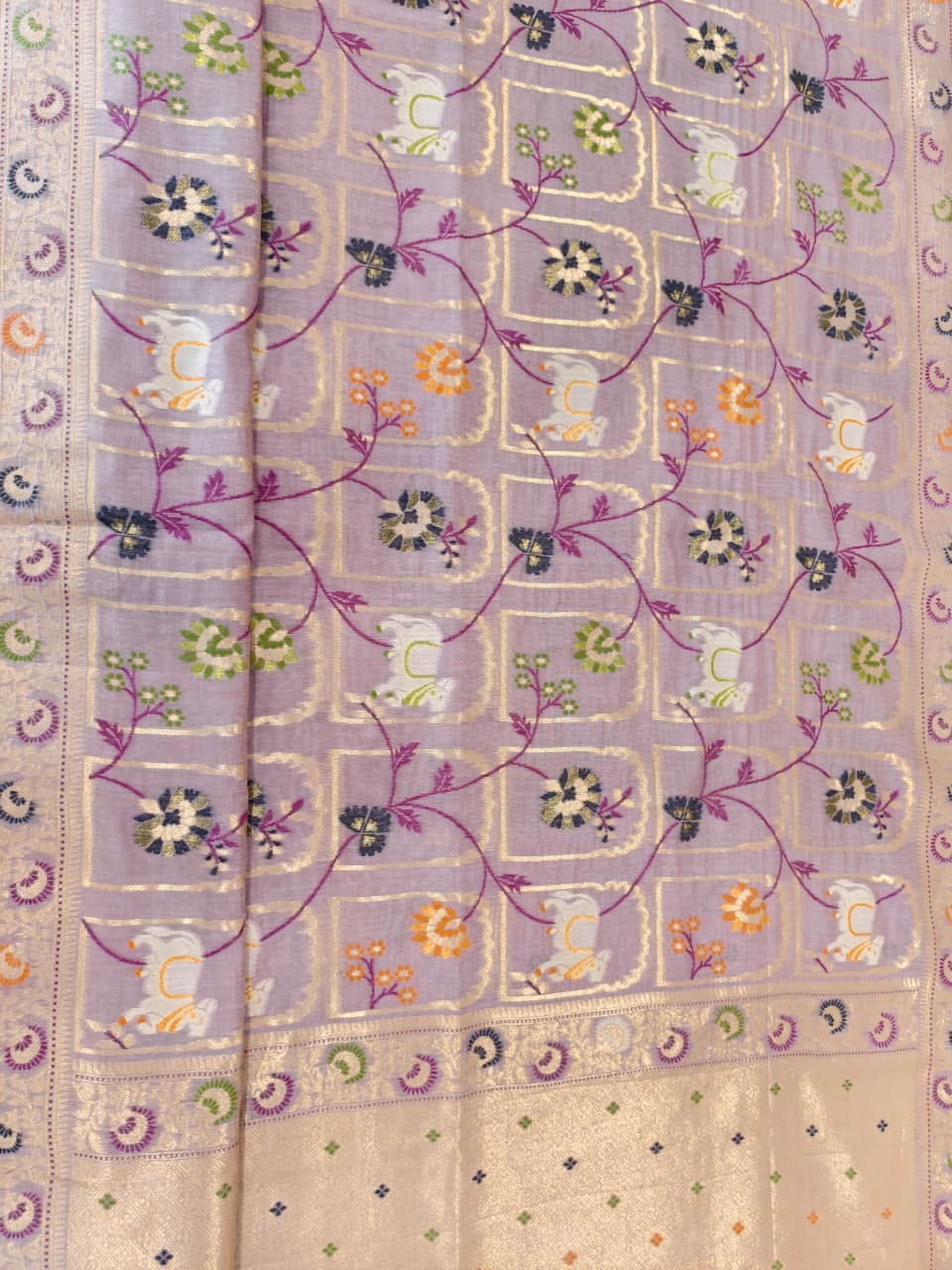 Lavender Linen Jamdani Saree with Floral Motifs & Zari Border