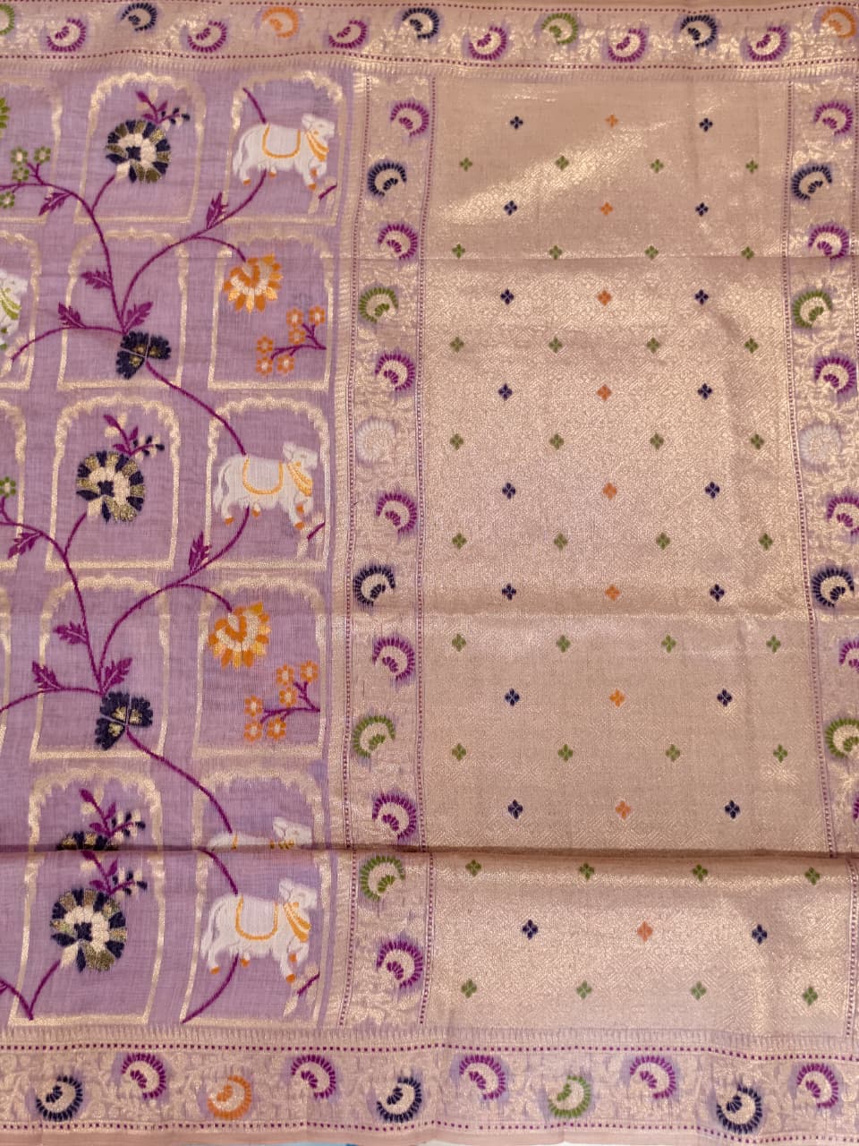 Lavender Linen Jamdani Saree with Floral Motifs & Zari Border