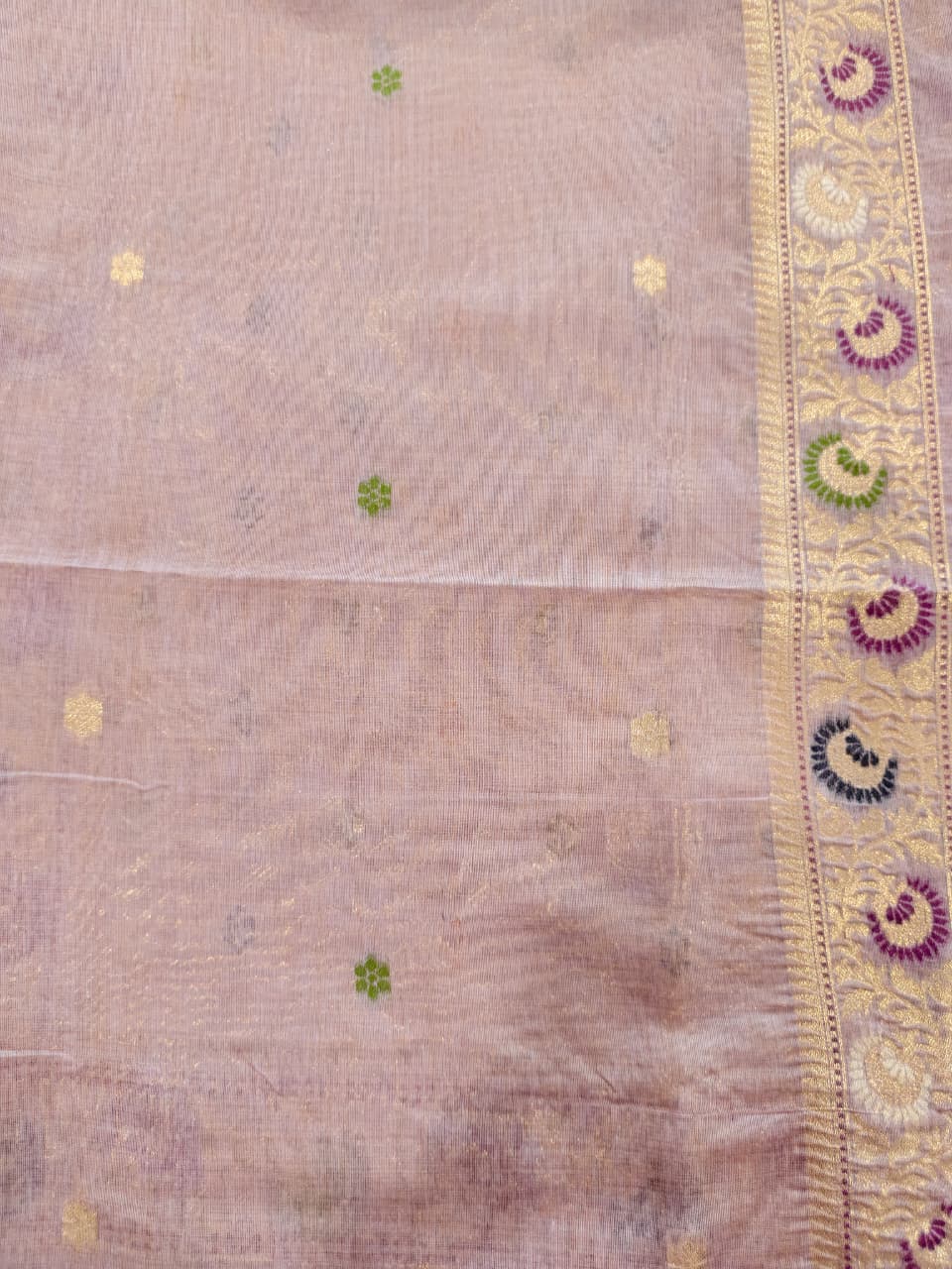 Lavender Linen Jamdani Saree with Floral Motifs & Zari Border