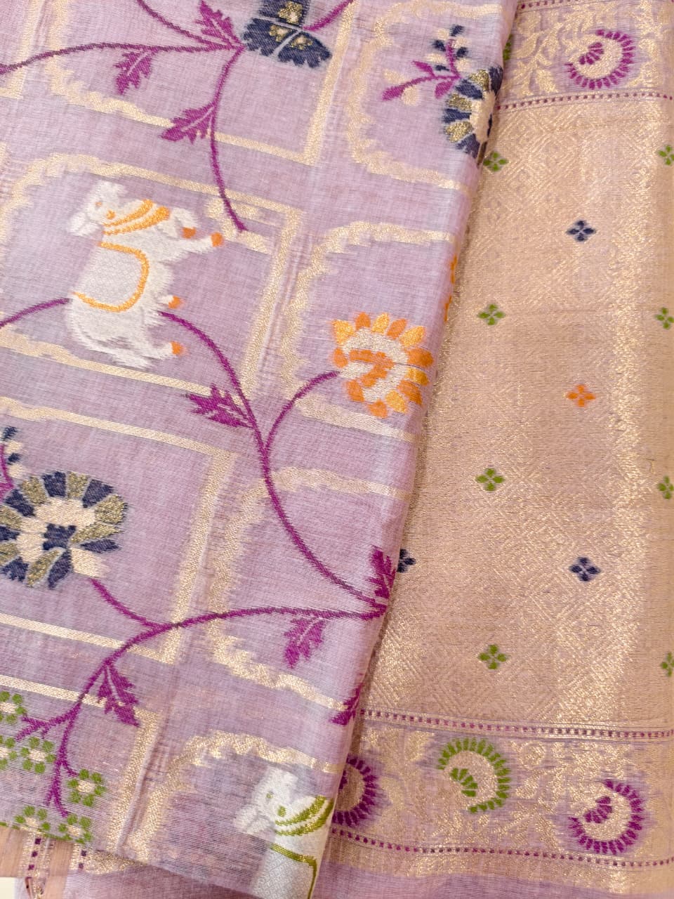 Lavender Linen Jamdani Saree with Floral Motifs & Zari Border