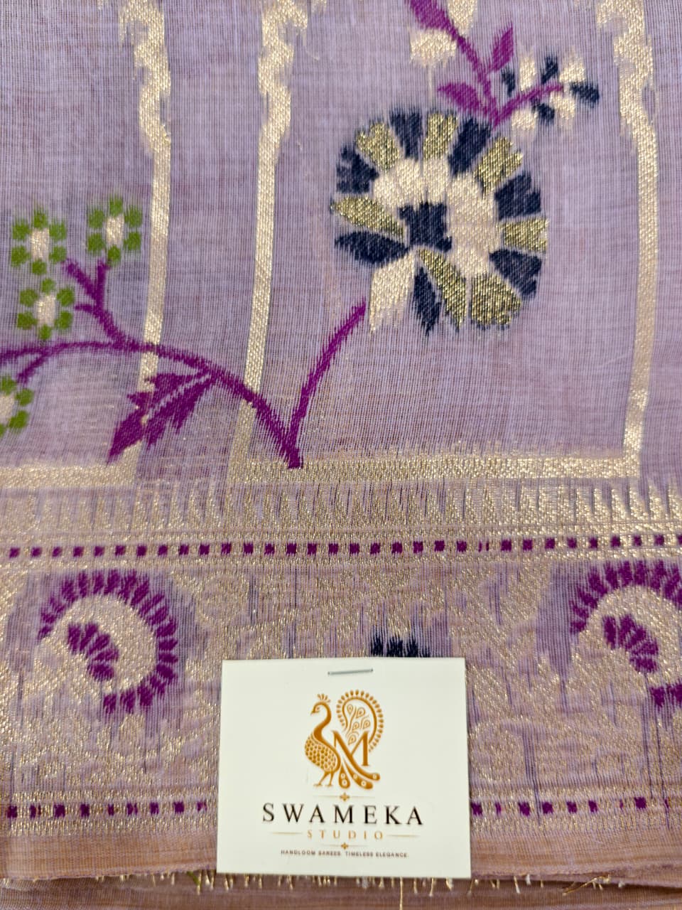 Lavender Linen Jamdani Saree with Floral Motifs & Zari Border