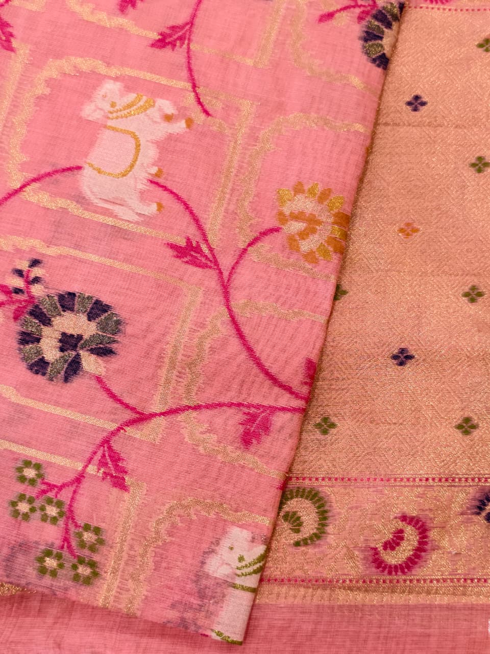 Pastel Pink Linen Jamdani Saree with Floral Motifs & Zari Border