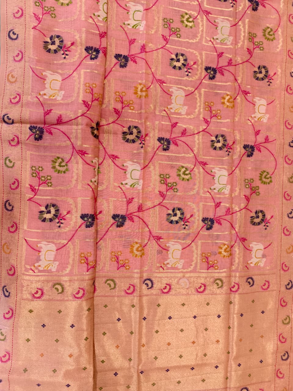 Pastel Pink Linen Jamdani Saree with Floral Motifs & Zari Border