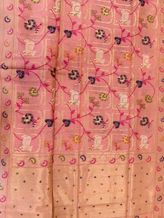 Pastel Pink Linen Jamdani Saree with Floral Motifs & Zari Border