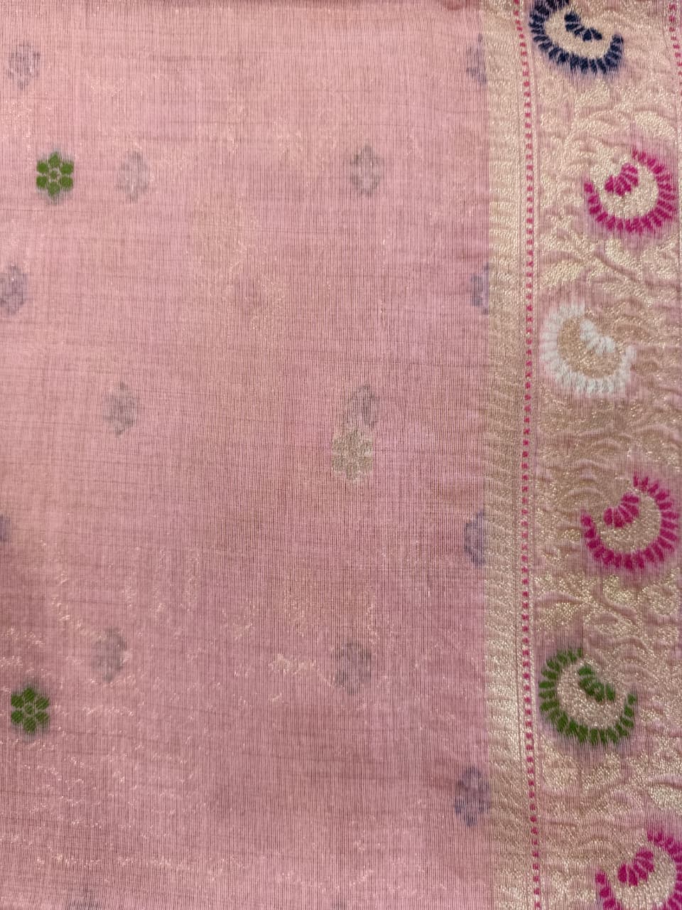 Pastel Pink Linen Jamdani Saree with Floral Motifs & Zari Border