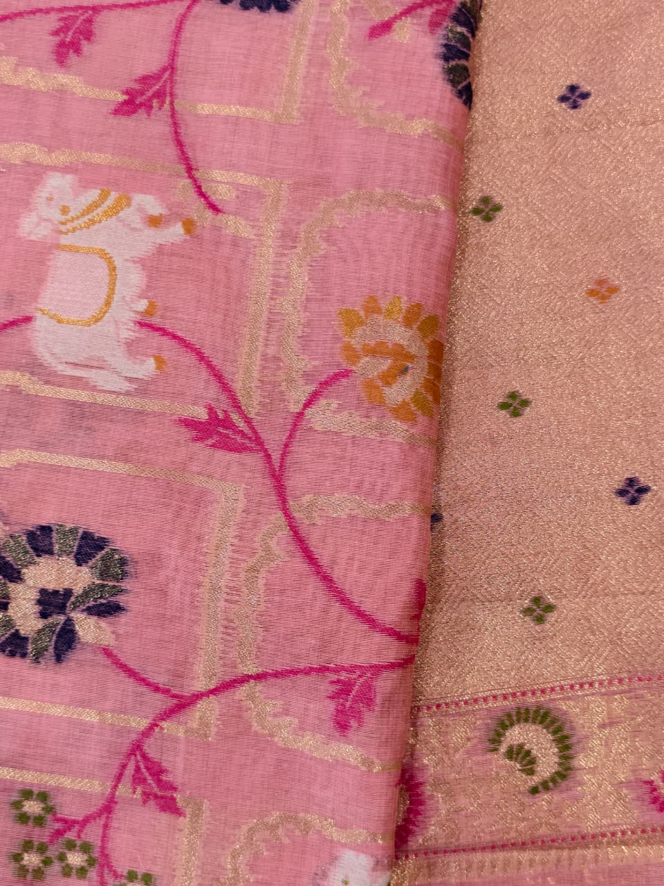 Pastel Pink Linen Jamdani Saree with Floral Motifs & Zari Border