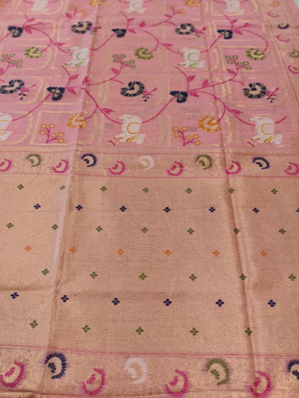 Pastel Pink Linen Jamdani Saree with Floral Motifs & Zari Border