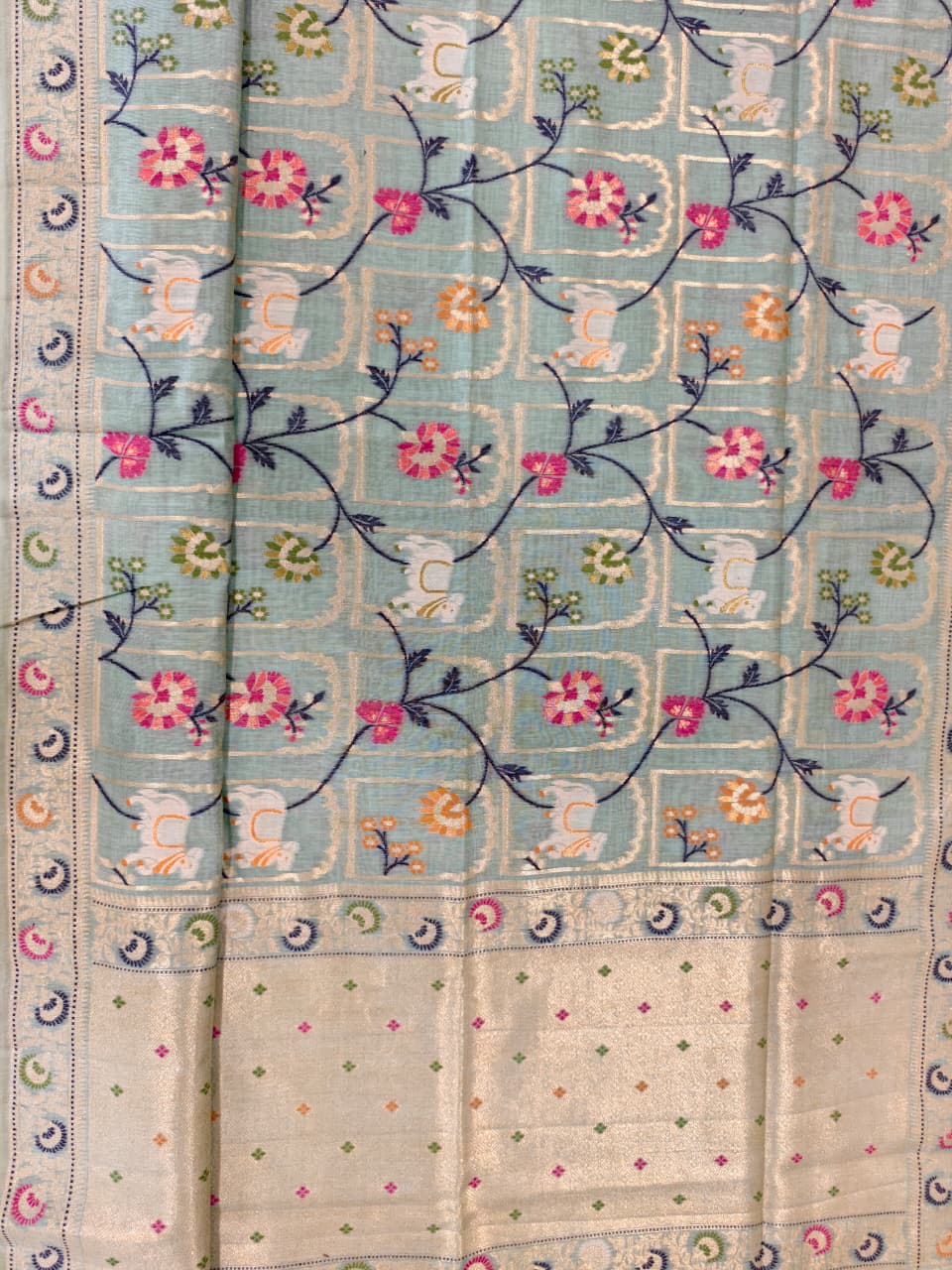 Pastel Blue Linen Jamdani Saree with Floral Motifs & Zari Border