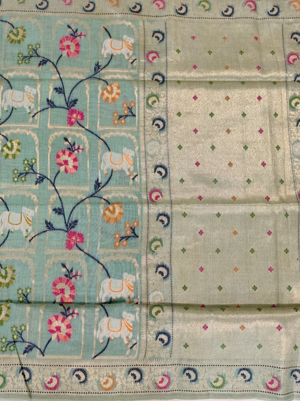 Pastel Blue Linen Jamdani Saree with Floral Motifs & Zari Border
