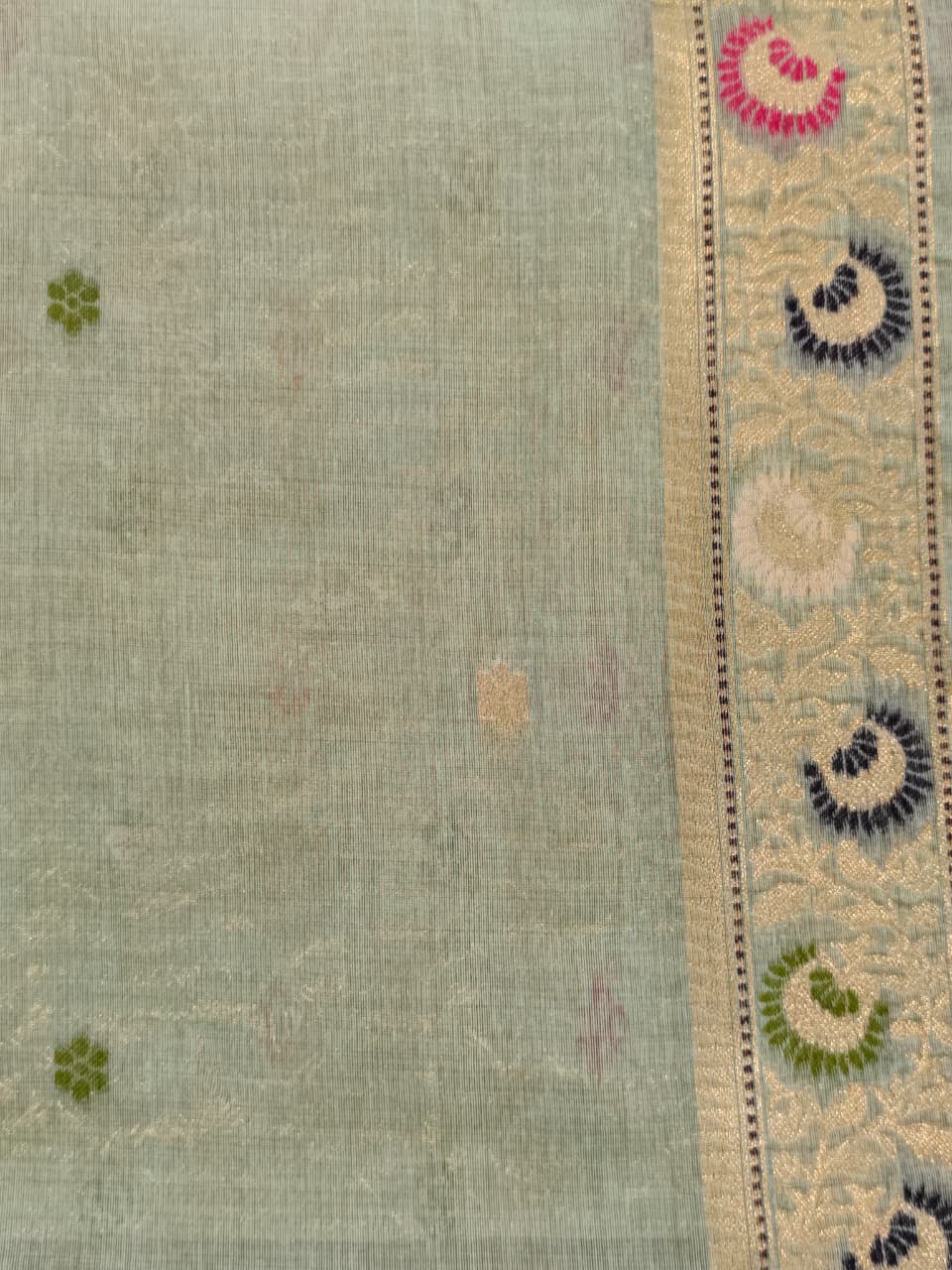 Pastel Blue Linen Jamdani Saree with Floral Motifs & Zari Border