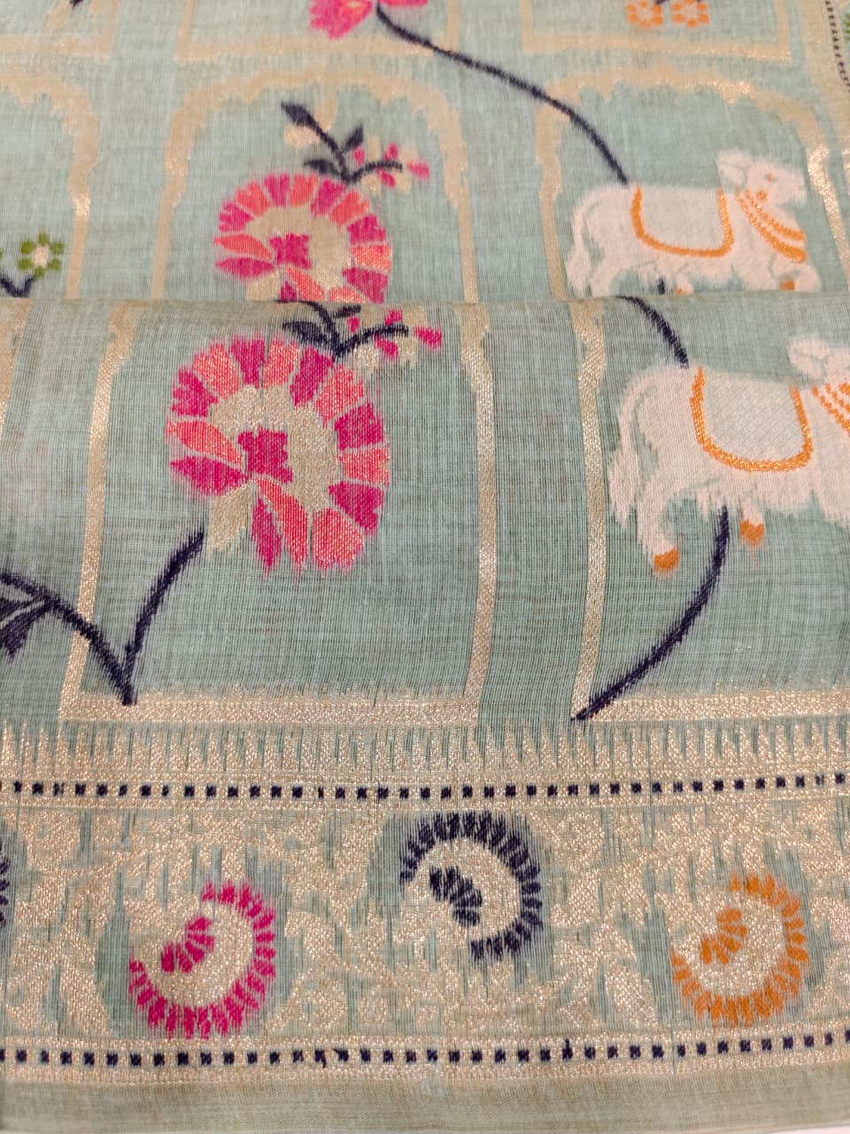 Pastel Blue Linen Jamdani Saree with Floral Motifs & Zari Border