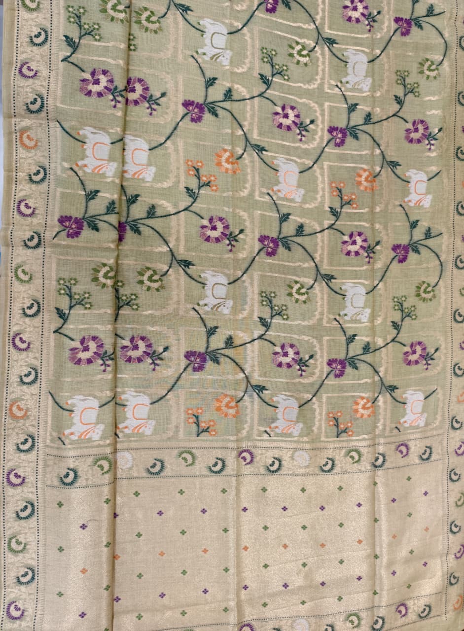 Pastel Green Linen Jamdani Saree with Floral Motifs & Zari Border