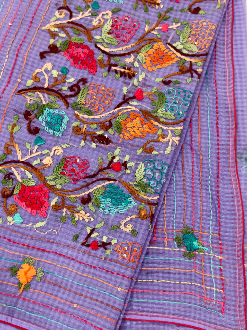 Lavender Blue Cotton Kota – Hand Bullion Parsi & Kantha Work