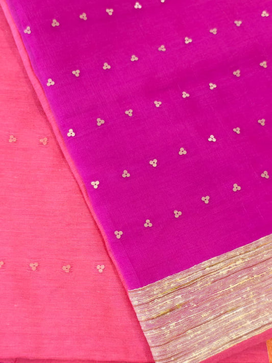 Handwoven Orange saree with a vibrant Pink Muslin pallu, featuring smooth woven coin motifs and a matching Pink contrast blouse.