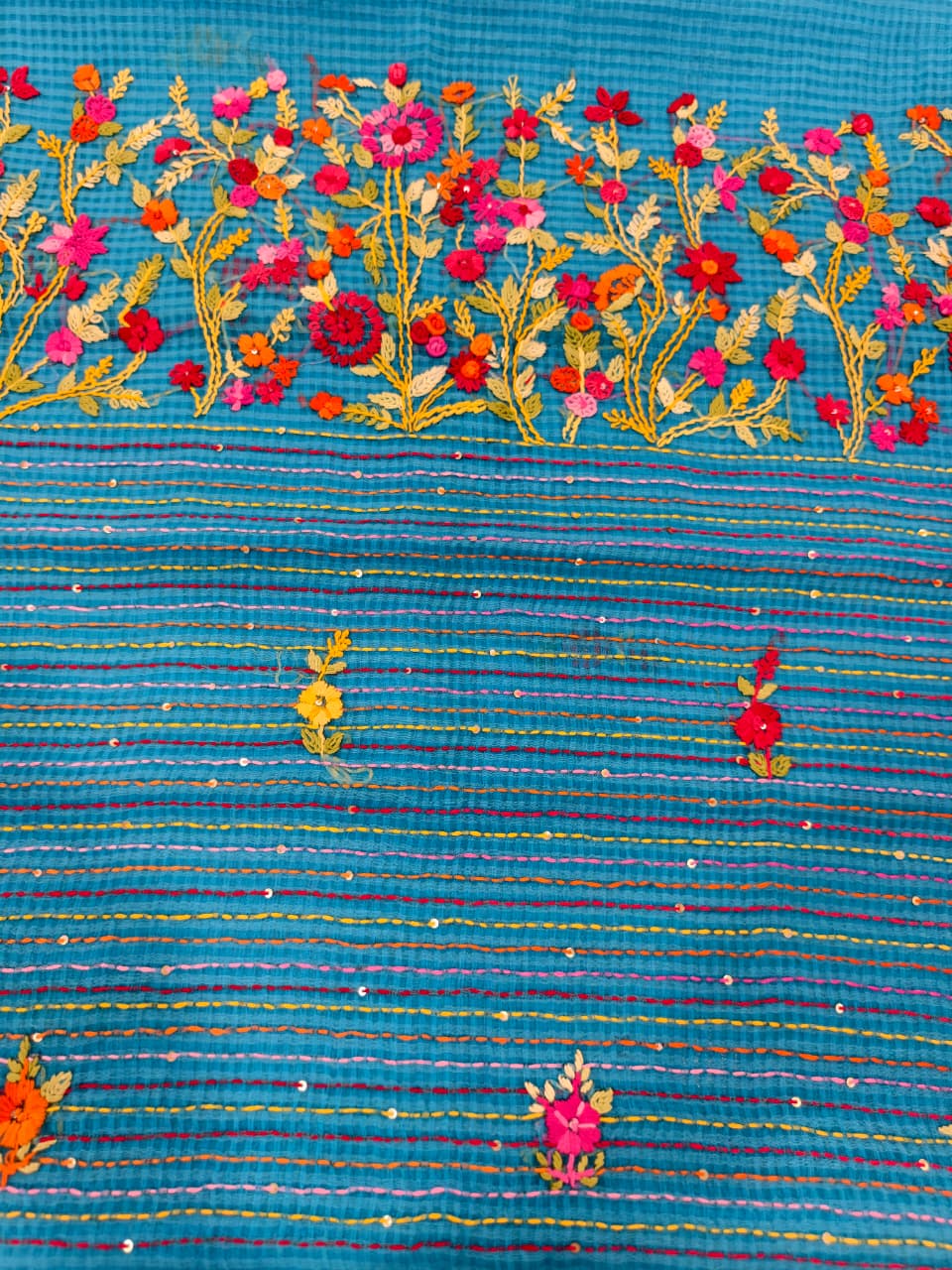 Turquoise Blue Cotton Kota – Hand Bullion Parsi & Kantha Work